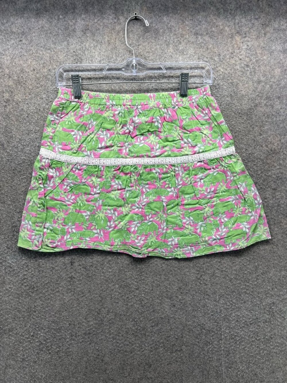 Lilly Pulitzer Skirt Womens 14 Green Animal Print Mini Lace Trim Lined Cotton
